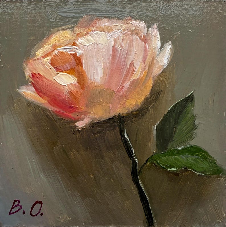 May include: A single pink rose with green leaves painted on a gray background. The painting is signed "B.O."