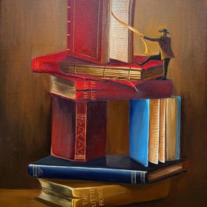 May include: A painting of a stack of books with a small figure pulling a ribbon from the top book. The books are titled "Harry Potter", "The Little Prince", and other titles. The painting is signed "Buchacha M."