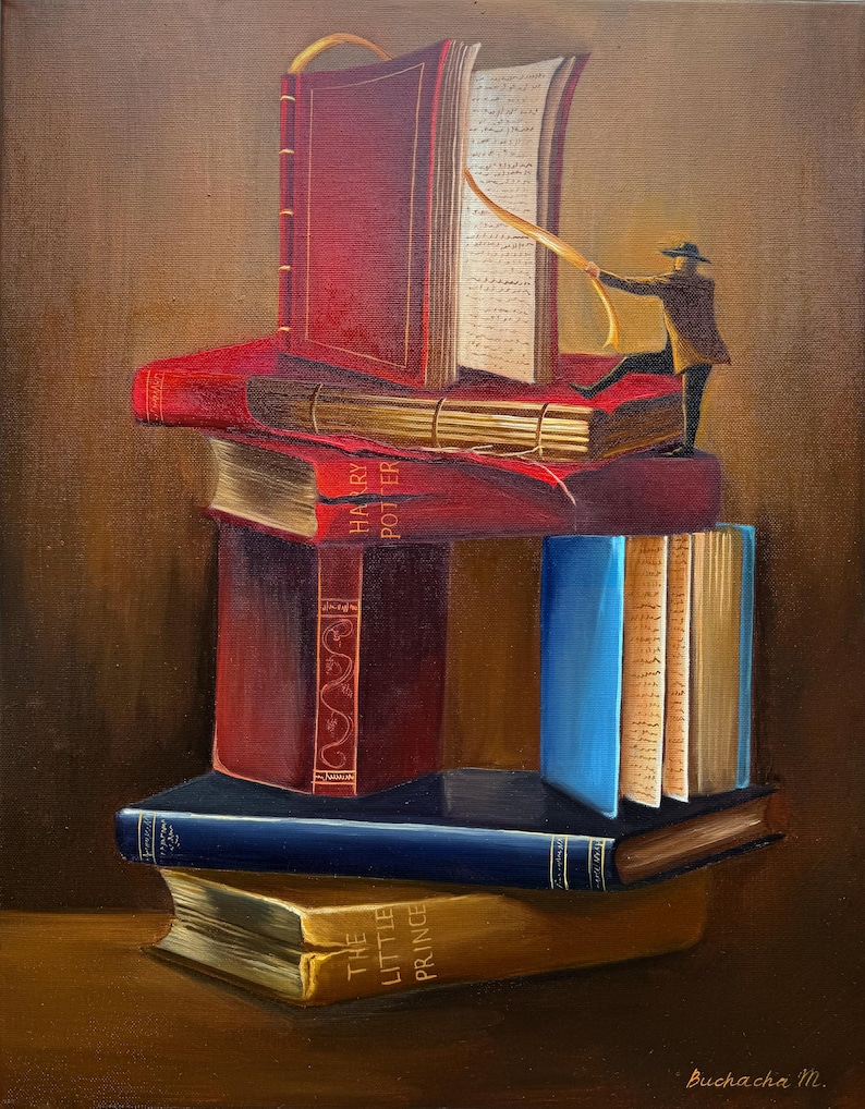 May include: A painting of a stack of books with a small figure pulling a ribbon from the top book. The books are titled "Harry Potter", "The Little Prince", and other titles. The painting is signed "Buchacha M."