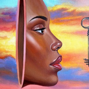 May include: An oil painting depicts a woman's profile with a key. The woman's face is brown with red lips and a defined brow. The background features a colorful sunset over a blue sea. The key is positioned near the woman's face.