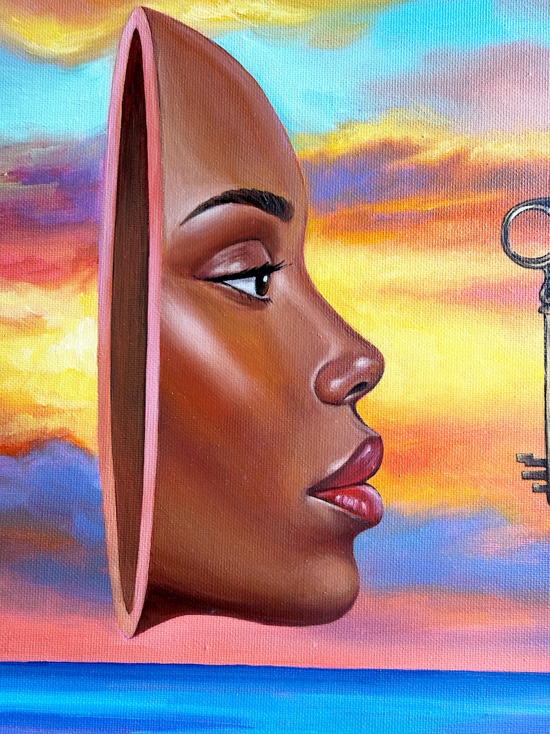 May include: An oil painting depicts a woman's profile with a key. The woman's face is brown with red lips and a defined brow. The background features a colorful sunset over a blue sea. The key is positioned near the woman's face.