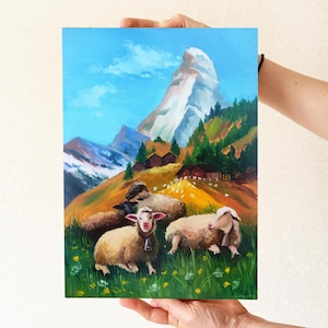 Sheep painting Farm Animals painting  Lamb Painting Mountain landscape painting Lamb Original Art Sheep wall art Farmhouse Decor Sheep Art