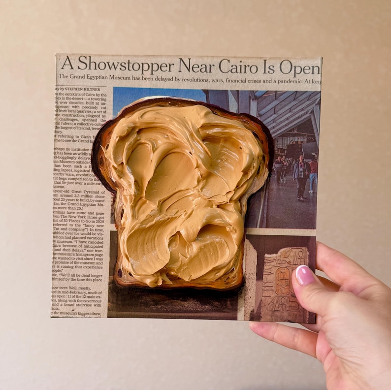Peanut butter toast Impasto painting Newspaper art Food painting on Newspaper painting Toast art Food wall art Newspaper Wall Art image 7