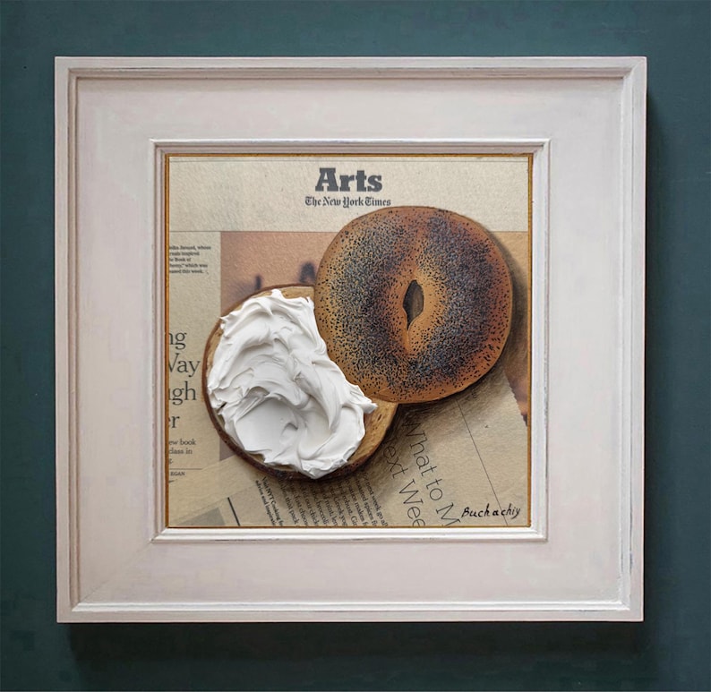 Bagel schilderij krantenkunst Impasto schilderij krant schilderij bagel kunst op krant muurkunst origineel eten schilderij brood schilderij afbeelding 5