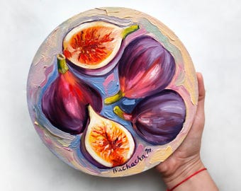 油彩画/イチジク フルーツの壁アート、イチジクの絵画、新聞アート、オリジナル油絵