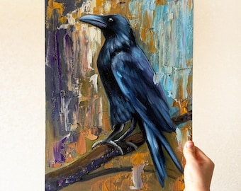 Pintura de cuervo original Pintura al óleo de pájaro Pintura de cuervo Obra de arte de Halloween Obra de arte de pájaro Pintura de empasto de Halloween 12 por 16 pulgadas