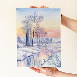 Original Winter painting Winter landscape art Snow painting Winter artwork Winter forest painting Snow scene painting Winter river painting