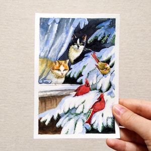 Tarjeta de acuarela navideña. Original pintura de acuarela de gato. Tarjeta divertida de gato. Pintura de acuarela de invierno. Tarjetas navideñas de gato. Tarjeta pintada a mano.