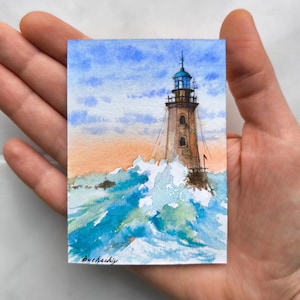 Aceo Original Art ACEO watercolor painting ACEO Lighthouse painting Aceo original painting Small watercolor painting Artist trading cards