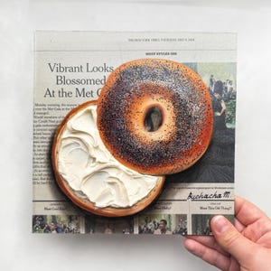 Bagel painting Newspaper art Impasto painting Newspaper painting Bagel art on newspaper wall art Original Food painting Bread painting