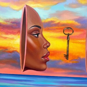 May include: An oil painting depicts a woman's profile emerging from a portal, with a golden key floating nearby. The background features a vibrant sunset over a beach and ocean. The artwork uses warm colors.
