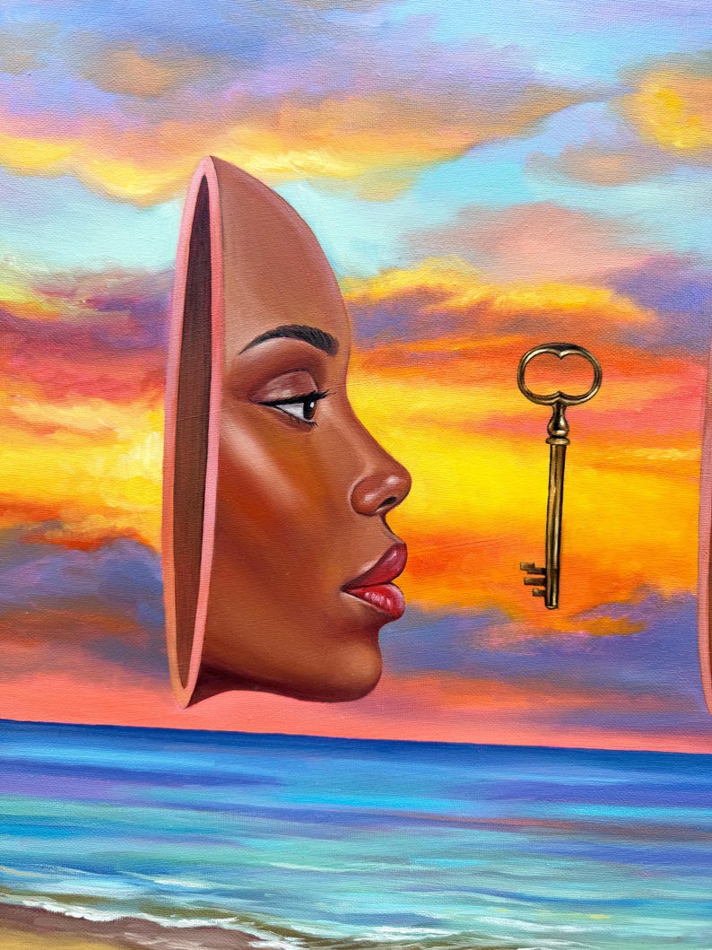 May include: An oil painting depicts a woman's profile emerging from a portal, with a golden key floating nearby. The background features a vibrant sunset over a beach and ocean. The artwork uses warm colors.