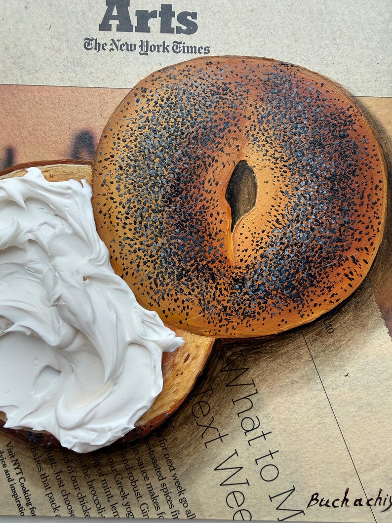 Bagel schilderij krantenkunst Impasto schilderij krant schilderij bagel kunst op krant muurkunst origineel eten schilderij brood schilderij afbeelding 8