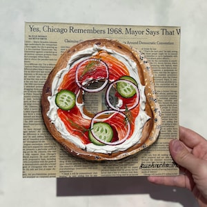 Bagel painting on Newspaper art Impasto painting Newspaper painting Bagel with lox on Newspaper food painting Newspaper Wall Art Bagel Art