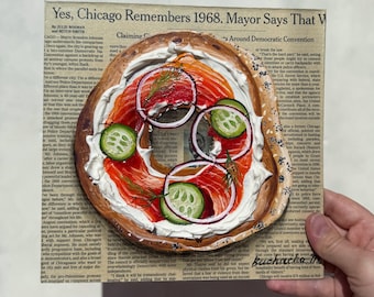 Bagel painting on Newspaper art Impasto painting Newspaper painting Bagel with lox on Newspaper food painting Newspaper Wall Art Bagel Art