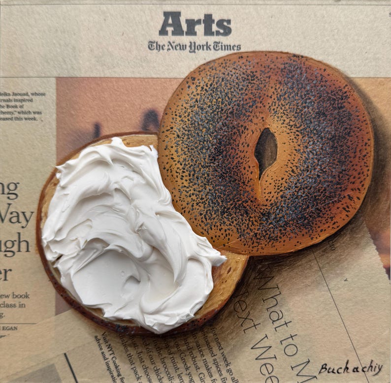 Bagel schilderij krantenkunst Impasto schilderij krant schilderij bagel kunst op krant muurkunst origineel eten schilderij brood schilderij afbeelding 2