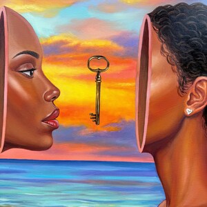 May include: An oil painting depicts two profiles facing each other with open faces, a golden key suspended between them. The background features a vibrant sunset over a beach and ocean, with warm colors dominating the sky.