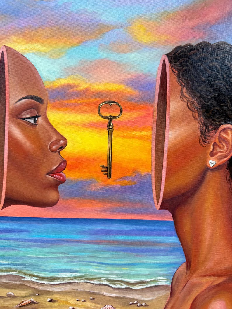 May include: An oil painting depicts two profiles facing each other with open faces, a golden key suspended between them. The background features a vibrant sunset over a beach and ocean, with warm colors dominating the sky.