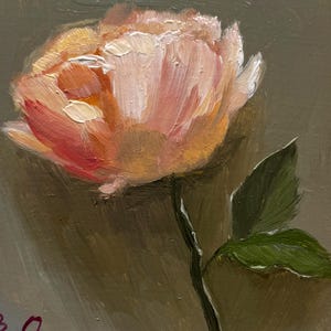 May include: A single pink rose with green leaves painted in a loose, impressionistic style on a dark gray background.