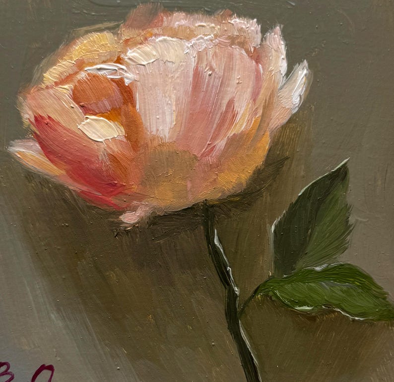 May include: A single pink rose with green leaves painted in a loose, impressionistic style on a dark gray background.