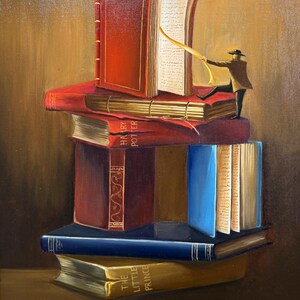 May include: A painting of a stack of books with a small figure standing on top of the stack. The figure is holding a yellow ribbon that is attached to the top book. The books are titled "Harry Potter", "The Little Prince", and other titles. The painting is on a brown background.