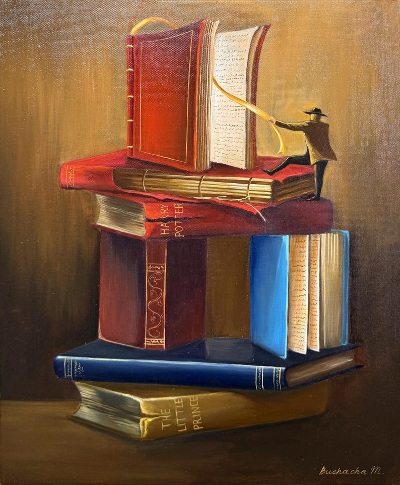 May include: A painting of a stack of books with a small figure standing on top of the stack. The figure is holding a yellow ribbon that is attached to the top book. The books are titled "Harry Potter", "The Little Prince", and other titles. The painting is on a brown background.
