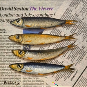 May include: Five painted sardines arranged in a row on a newspaper background. The sardines are painted in a realistic style with details of scales and fins. The newspaper text is partially visible and includes the words "London and Tokyo combine" and "The Viewer".