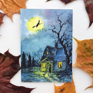 Aceo Original Art ACEO Dipinto di Halloween Aceo Halloween Acquerello di Halloween Dipinto spettrale Aceo Dipinto di strega Carta collezionabile dell'artista