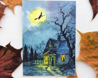 Arte original de Aceo Pintura de Halloween de Aceo Arte de acuarela de Aceo Pintura espeluznante de Aceo Pintura de bruja Tarjeta coleccionable del artista