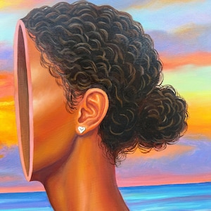 May include: An oil painting depicts a person's profile with a missing facial section, revealing a pink interior. The person has dark, curly hair styled in a bun, and wears a heart-shaped earring. The background shows a colorful sunset over the ocean.