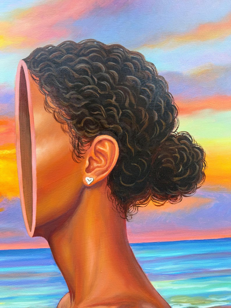 May include: An oil painting depicts a person's profile with a missing facial section, revealing a pink interior. The person has dark, curly hair styled in a bun, and wears a heart-shaped earring. The background shows a colorful sunset over the ocean.