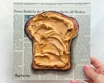 Peanut butter toast Impasto painting Newspaper art Food painting on Newspaper painting Toast art Food wall art Newspaper Wall Art
