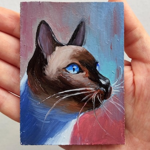 Pintura original de ACEO Pintura al óleo de gato Pintura de gato siamés Tarjetas ACEO Arte ACEO Pintura al óleo pequeña de Aceo Tarjetas coleccionables de artista Arte de gato lindo