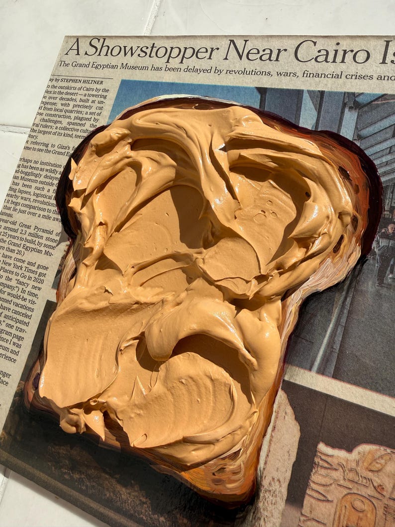 Peanut butter toast Impasto painting Newspaper art Food painting on Newspaper painting Toast art Food wall art Newspaper Wall Art image 5
