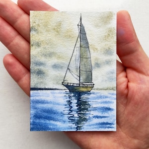 ACEO Arte originale Aceo dipinto di barca Carte collezionabili d'artista Paesaggio marino acquerello Arte acquerello in miniatura Paesaggio marino Aceo Piccolo dipinto