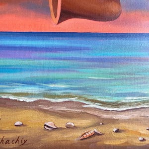 May include: Oil painting of a beach scene with a vibrant sunset. The ocean transitions from turquoise to deep blue, with waves gently lapping the sandy shore. Seashells and small rocks are scattered on the beach. A brown object is in the upper portion of the painting.