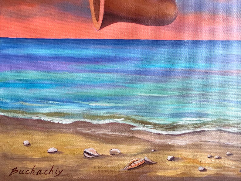 May include: Oil painting of a beach scene with a vibrant sunset. The ocean transitions from turquoise to deep blue, with waves gently lapping the sandy shore. Seashells and small rocks are scattered on the beach. A brown object is in the upper portion of the painting.