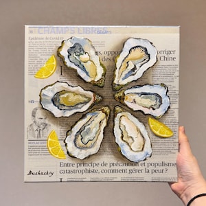 Newspaper painting Oyster painting Seafood wall art Original oil painting on canvas Food wall art Coastal painting on Newspaper oyster art