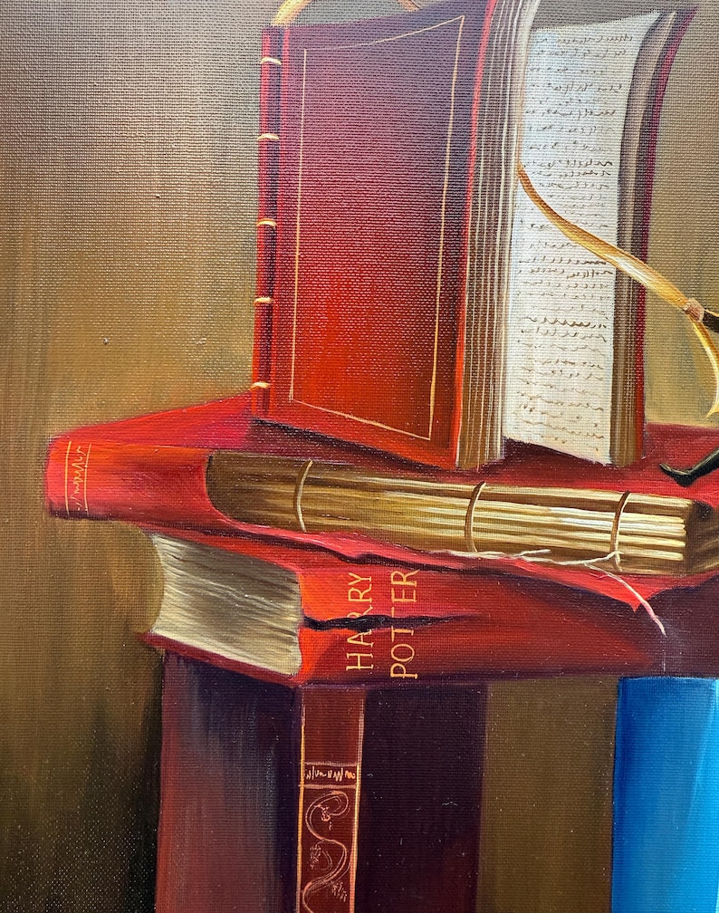 May include: A still life painting of a stack of books. The top book is open and has a red cover. The second book has a red cover and the words "HARRY POTTER" are visible on the spine. The bottom book is partially visible and has a red cover.