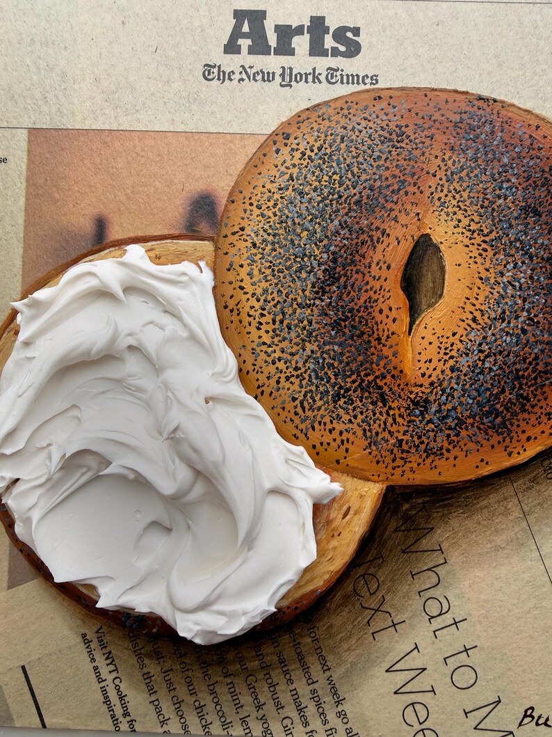 Bagel schilderij krantenkunst Impasto schilderij krant schilderij bagel kunst op krant muurkunst origineel eten schilderij brood schilderij afbeelding 11