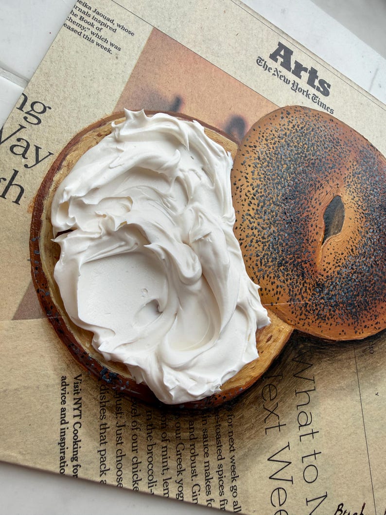 Bagel schilderij krantenkunst Impasto schilderij krant schilderij bagel kunst op krant muurkunst origineel eten schilderij brood schilderij afbeelding 4
