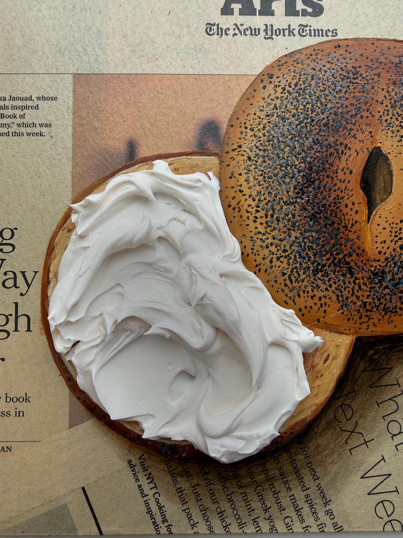 Bagel schilderij krantenkunst Impasto schilderij krant schilderij bagel kunst op krant muurkunst origineel eten schilderij brood schilderij afbeelding 10