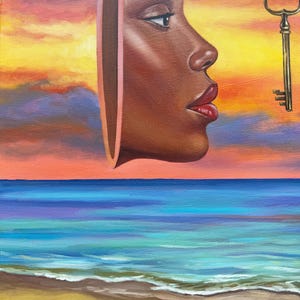 May include: An oil painting depicts a woman's profile emerging from a split canvas, with a golden key beside her. The background features a sunset over a beach and ocean. The artwork is signed "Buchachiy".