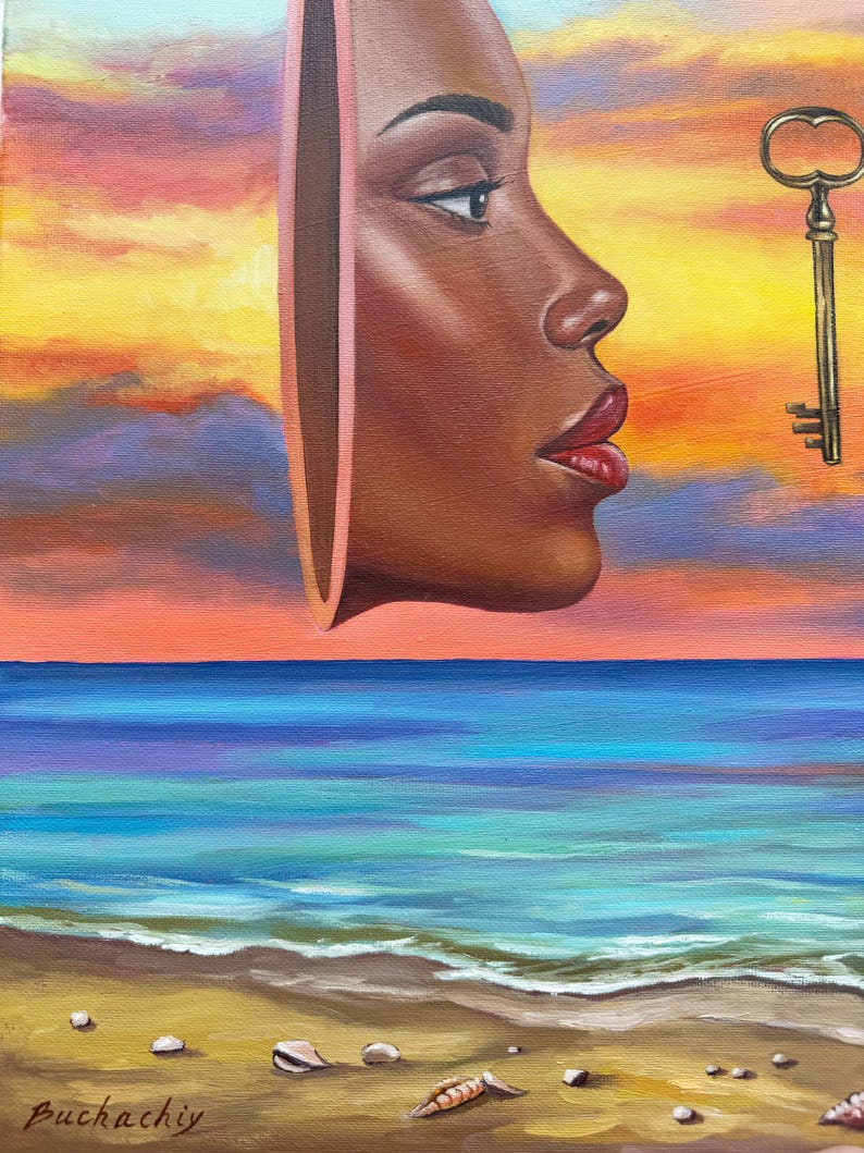 May include: An oil painting depicts a woman's profile emerging from a split canvas, with a golden key beside her. The background features a sunset over a beach and ocean. The artwork is signed "Buchachiy".