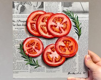 May include: A painting of red tomato slices on a newspaper background. The tomato slices are arranged in a circular pattern with a sprig of rosemary in the center. The newspaper text is visible in the background.
