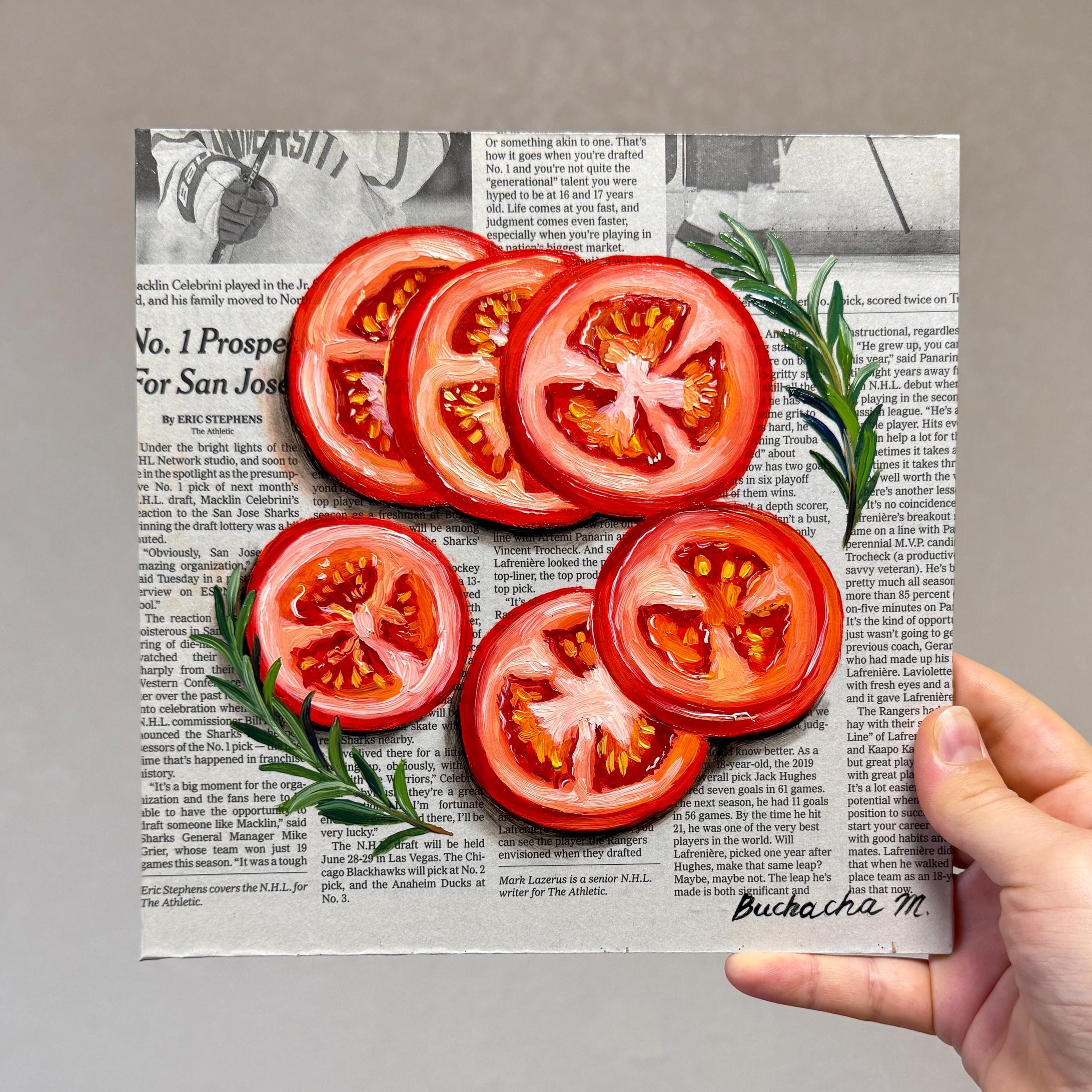 Tomato painting on Newspaper art Vegetable painting Tomato art Newspaper painting Vegetable Still Life Food oil painting kitchen wall art