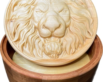 Decorative Lion Round Box with lid: handmade cherry box with cedar carved lion lid. For family keepsakes, jewelry, memorabilia, trinkets.