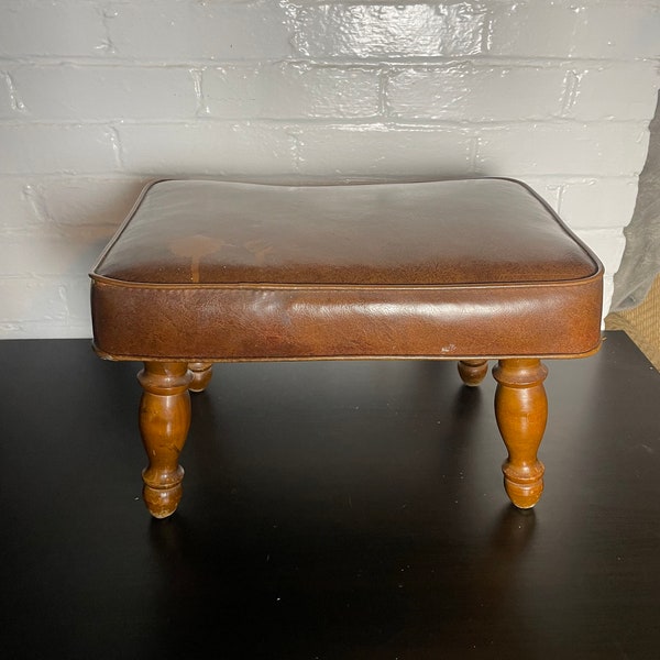 Smaller Mid Century Brown Vinyl Footstool / Ottoman With Wooden Legs