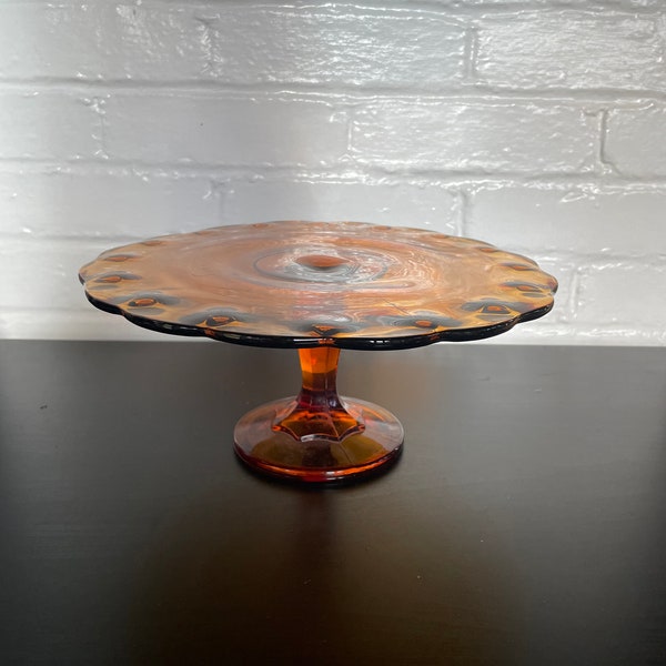 Vintage Indiana Amber Colored Glass Cake Stand With Teardrop Style Pattern