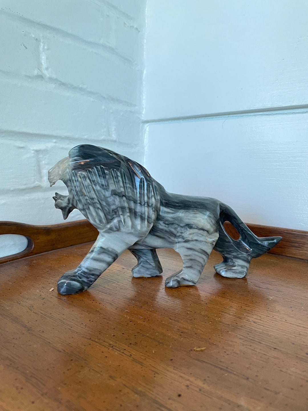 Vintage Gray and Black Carved Marble Lion Figure - Etsy